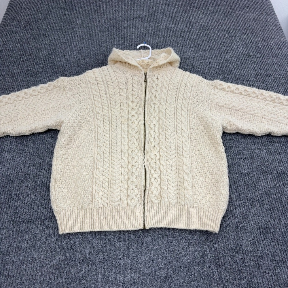 Vintage Carraig Donn Zip Hoodie Mens M Cream Wool Cable Knit Aran Irish Boho